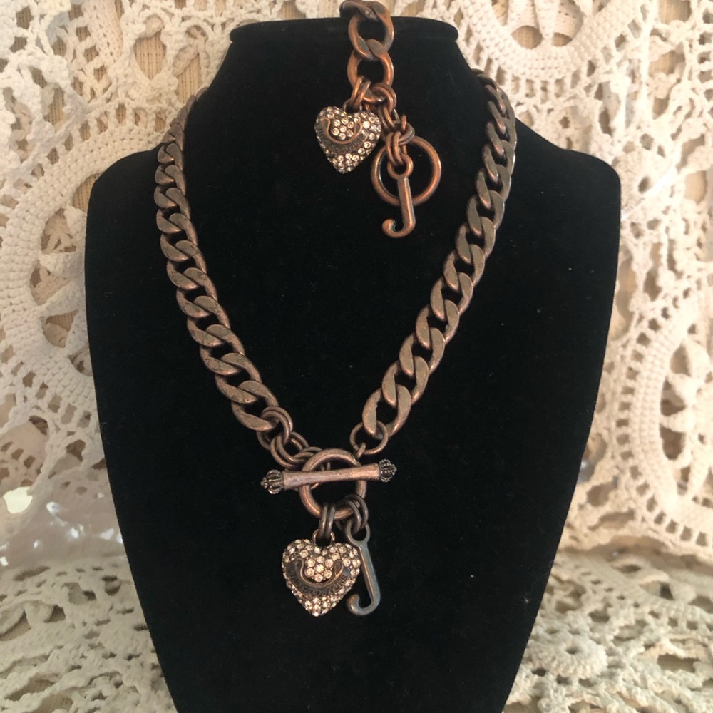 Vintage Juicy Couture Puffy Heart Charm Bronze Necklace & Matching Bracelet